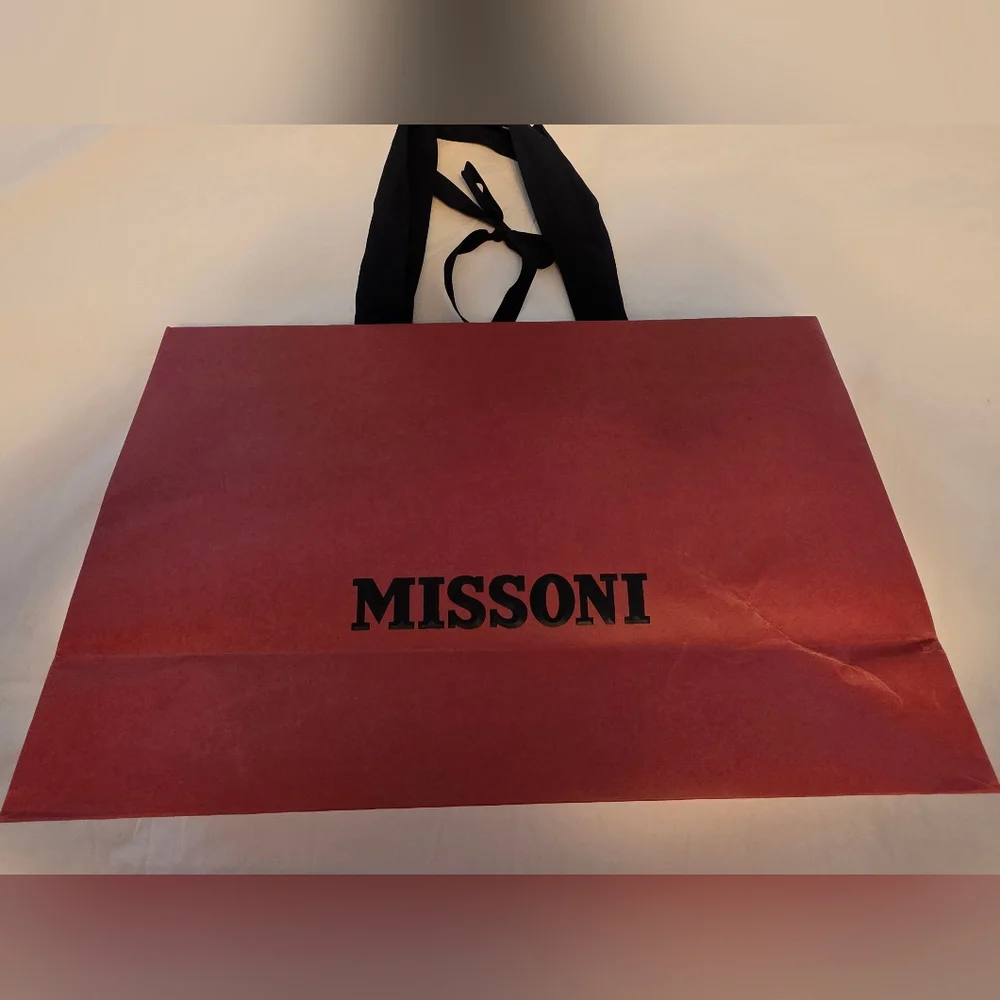 MISSONI Auth. Red Shopping Bag – Black Ribbon Handles, Large 18” x 14” x 6”